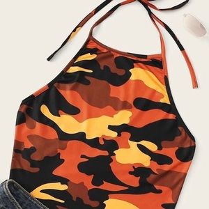 orange camouflage halter top from shein